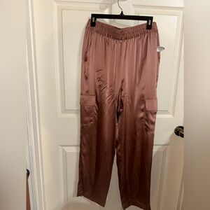 Nicole Miller Silk Cargo Wide-Leg Pants copper rose gold NWT  L office business